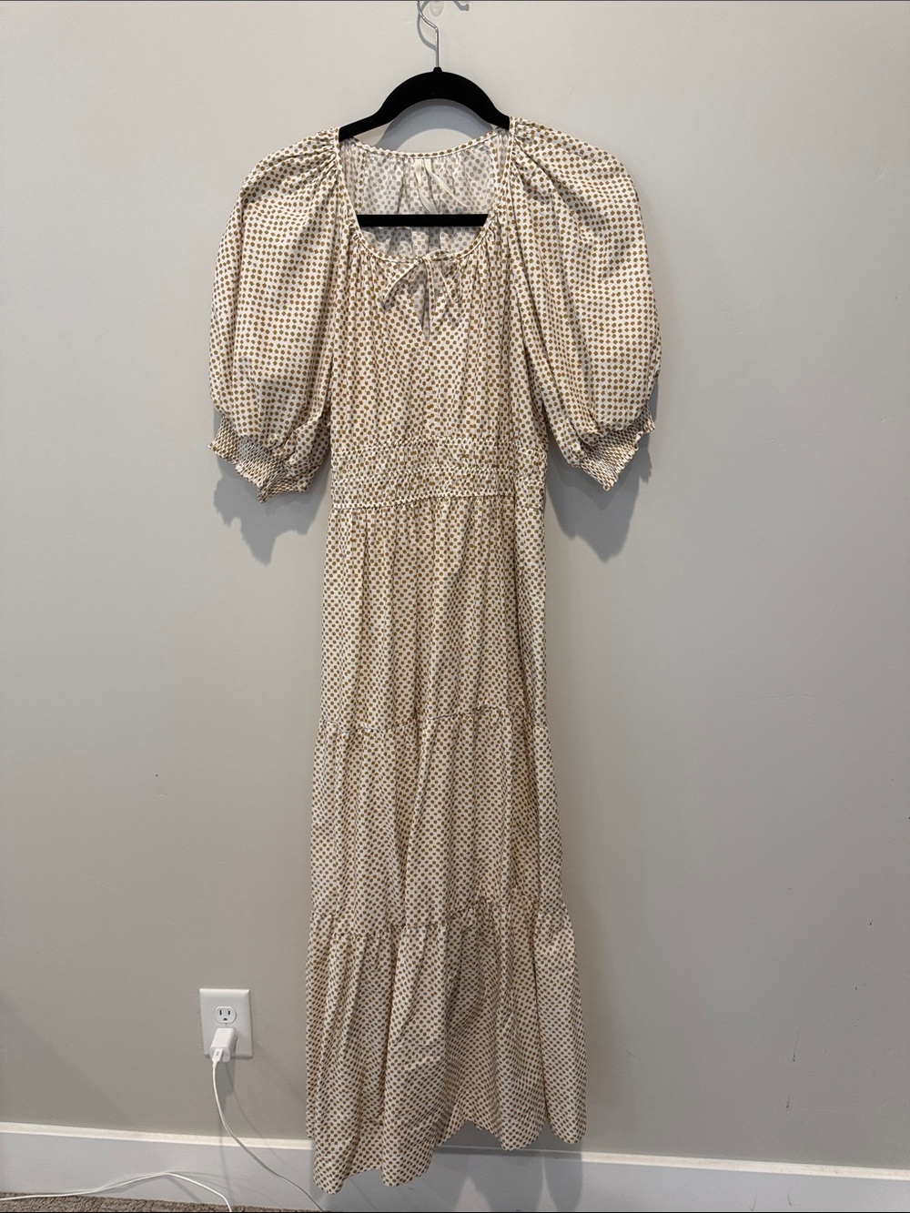 Anthropologie Ivory Puff-Sleeve Tiered Maxi with Subtle Dot Print